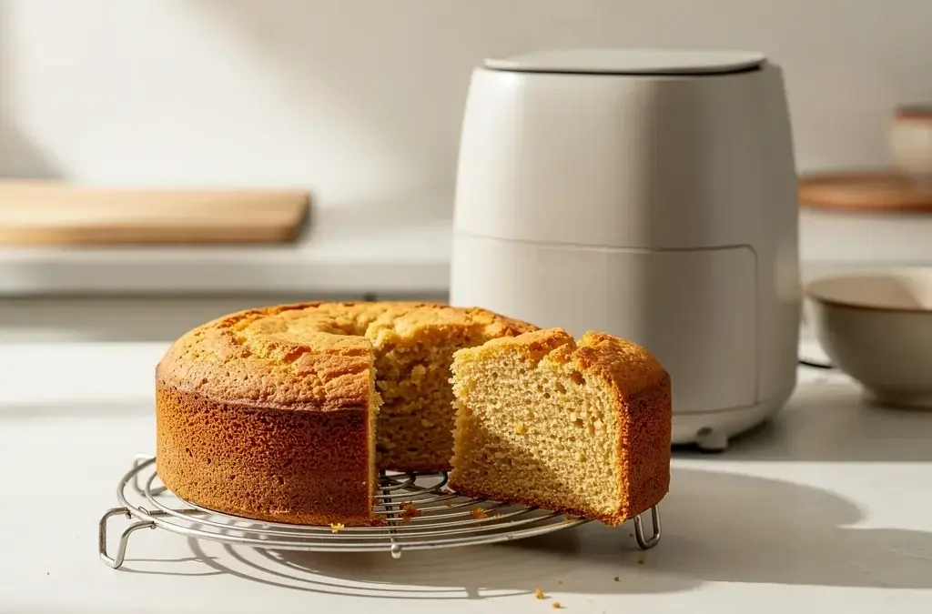 Perfekt gebackener Airfryer Kuchen mit frischen Früchten und Schokolade