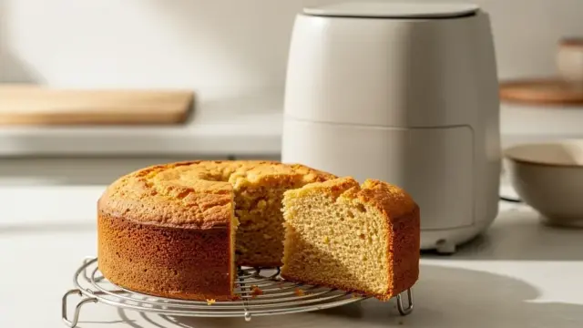 Perfekt gebackener Airfryer Kuchen mit frischen Früchten und Schokolade