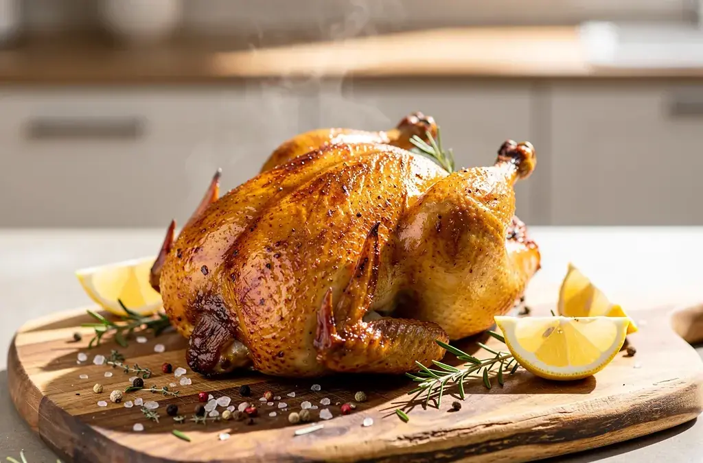 Krosses ganzes Hähnchen im Airfryer mit goldbrauner Haut und köstlicher Marinade