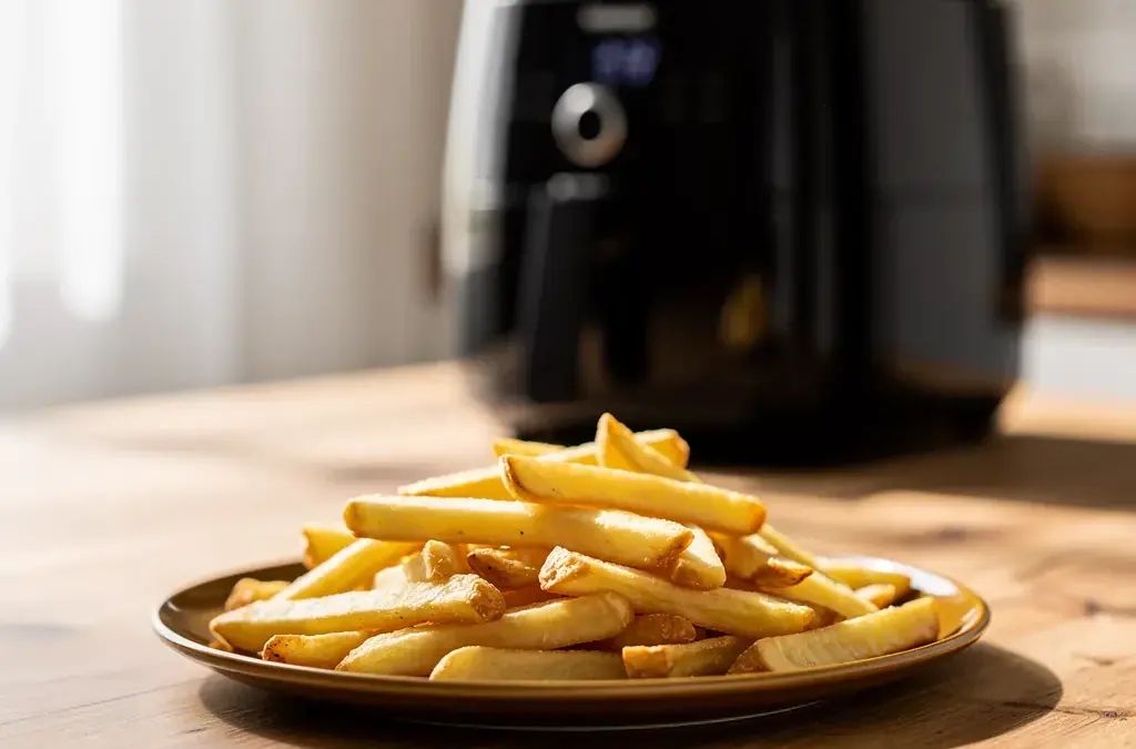 Heißluftfritteuse zeigt knusprige Pommes und erklärt deren Funktion und Vorteile