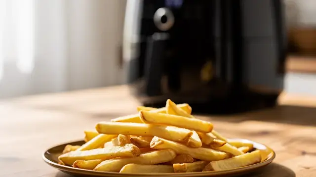 Heißluftfritteuse zeigt knusprige Pommes und erklärt deren Funktion und Vorteile