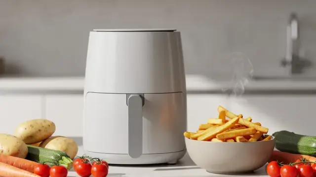 Heißluftfritteuse ohne Korb in der Küche mit Fokus auf kompakte Bauweise und einfache Reinigung