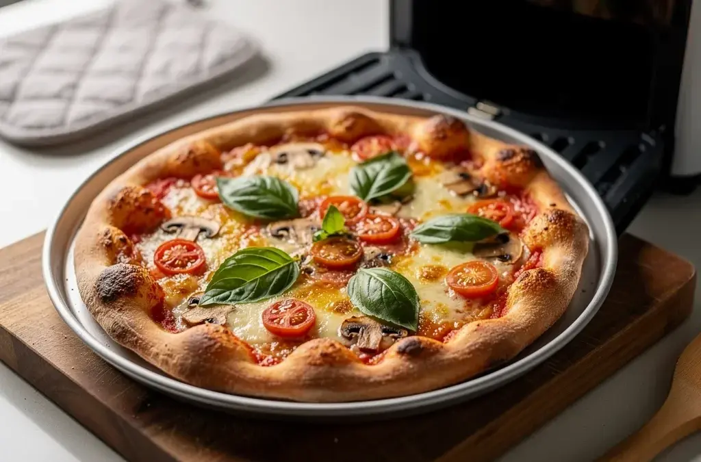 Pizza aus der Heißluftfritteuse mit knuspriger Kruste und frischen Zutaten