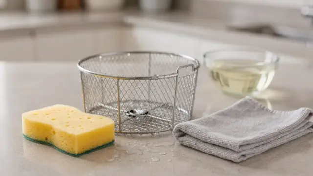 Airfryer-Korb reinigen mit Schwamm, Tuch und mildem Reinigungsmittel in der Küche