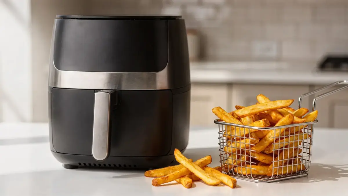 Heißluftfritteuse mit knusprigen Pommes in einer modernen Küche