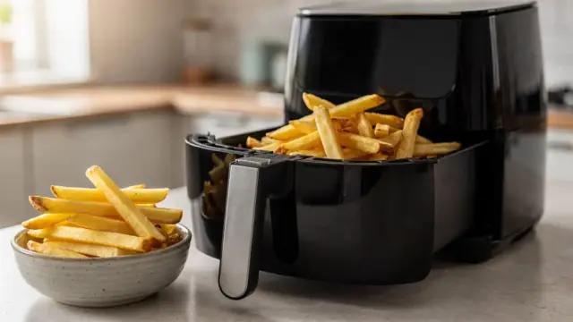 Heißluftfritteuse mit Pommes und Kartoffelsticks für den Artikel über Garzeit und Knusprigkeit