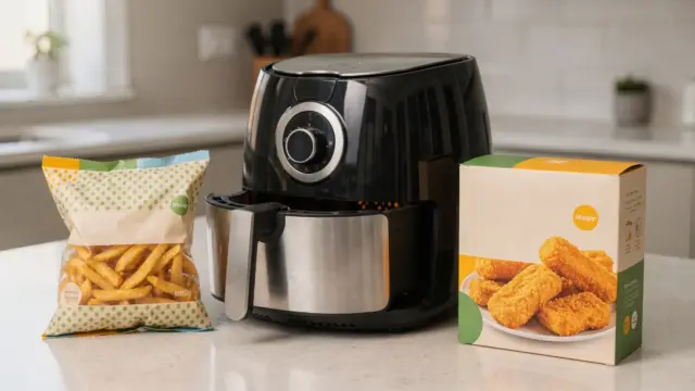 Heißluftfritteuse in der Küche mit TK-Produkten wie Pommes und Snackbeilagen