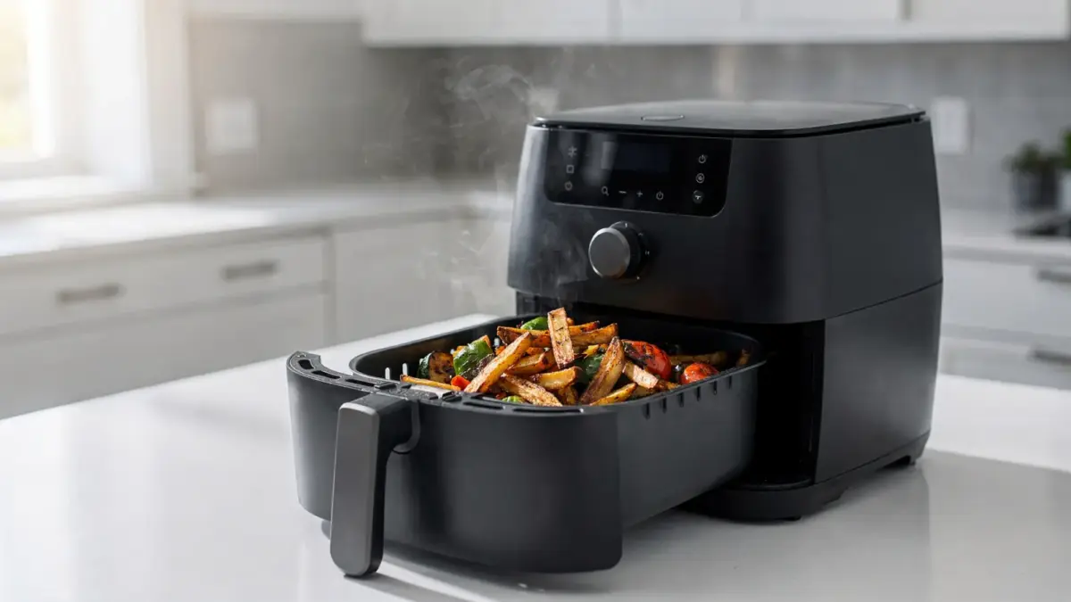 Airfryer in der Küche mit leicht verbranntem Gargut als Beispiel zum Artikel über verbrannten Geruch