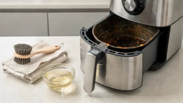 Eingebrannter Airfryer mit Reinigungsutensilien gegen Rückstände, Verkrustungen und Fettablagerungen