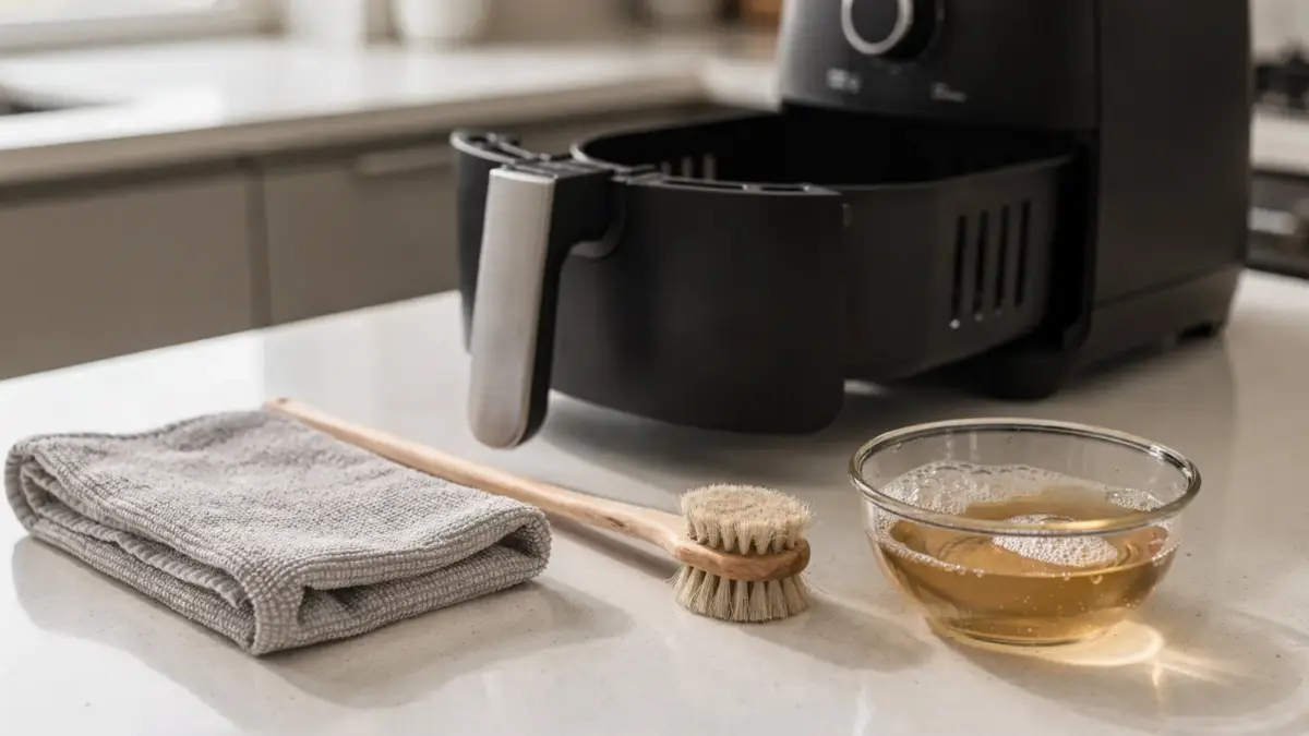 Airfryer mit Reinigungstuch und Schale zur Reinigung gegen Gerüche in der Heißluftfritteuse