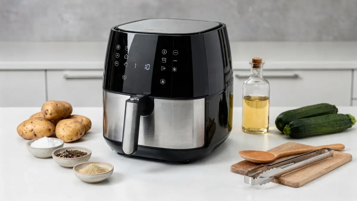 Heißluftfritteuse mit Automatikprogrammen in einer modernen Küche mit Zutaten und Kochutensilien.