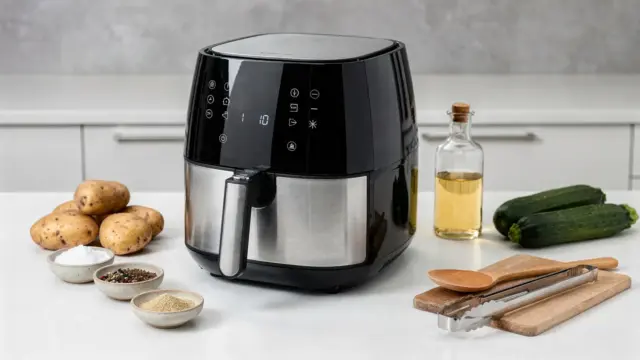Heißluftfritteuse mit Automatikprogrammen in einer modernen Küche mit Zutaten und Kochutensilien.
