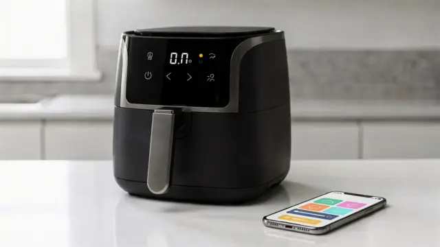 Heißluftfritteuse mit App-Steuerung neben Smartphone in moderner Küche