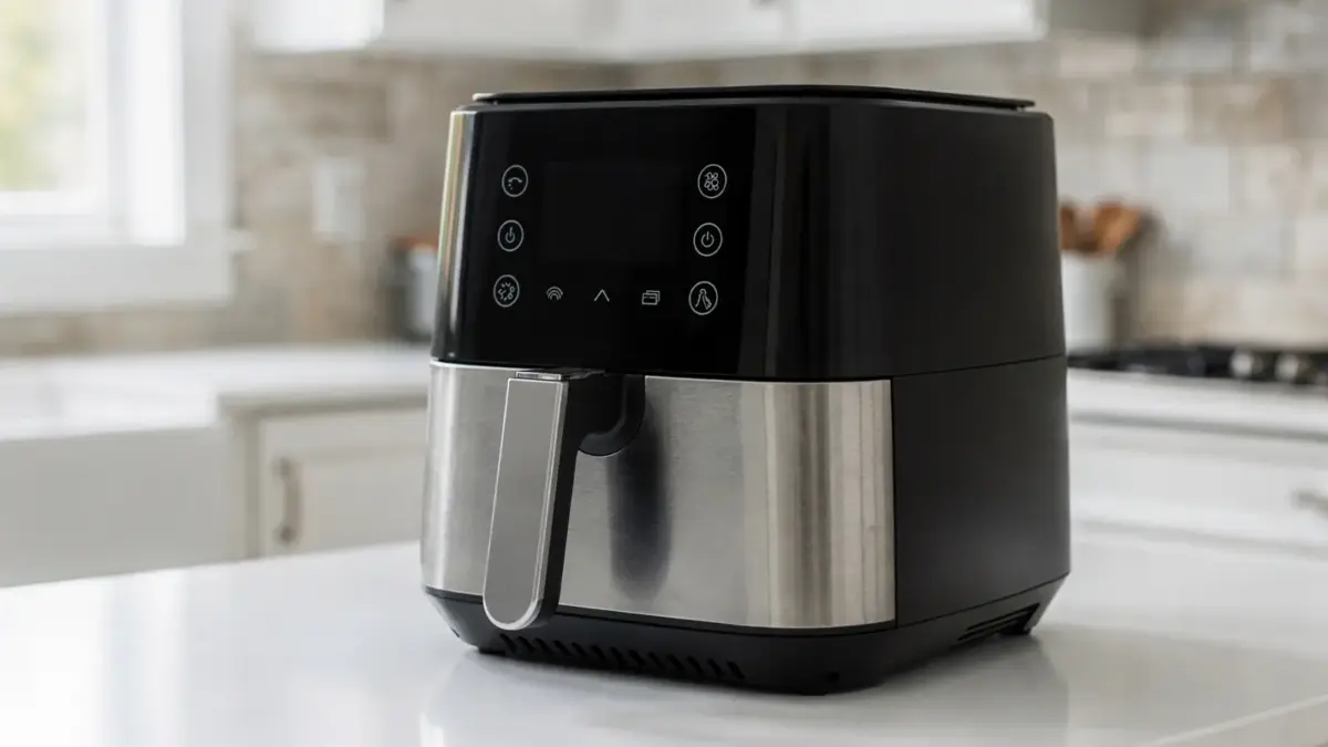 Heißluftfritteuse mit digitalem Display und Touch-Bedienfeld in einer hellen Küche