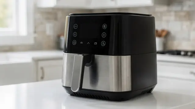 Heißluftfritteuse mit digitalem Display und Touch-Bedienfeld in einer hellen Küche