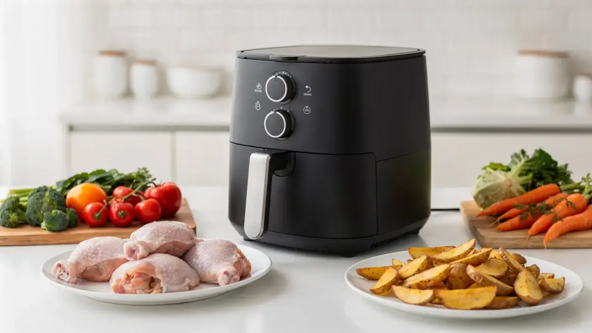 Heißluftfritteuse mit Zutaten für die Garzeit von Lebensmitteln in der Küche
