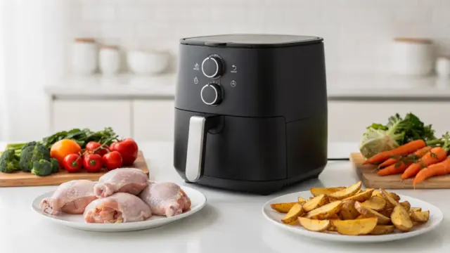 Heißluftfritteuse mit Zutaten für die Garzeit von Lebensmitteln in der Küche