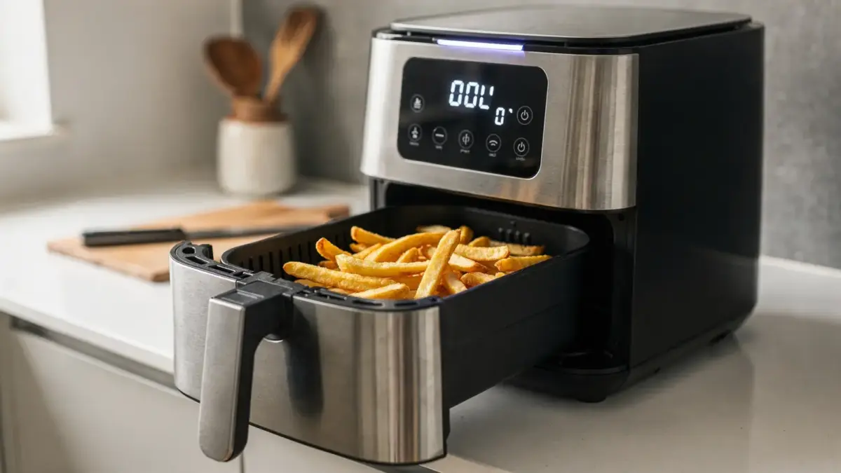 Heißluftfritteuse mit Pommes und Temperaturanzeige für knusprige Pommes