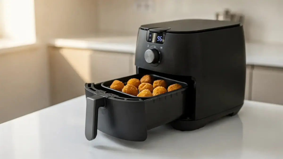 Heißluftfritteuse mit knusprigen Snacks in der Küche