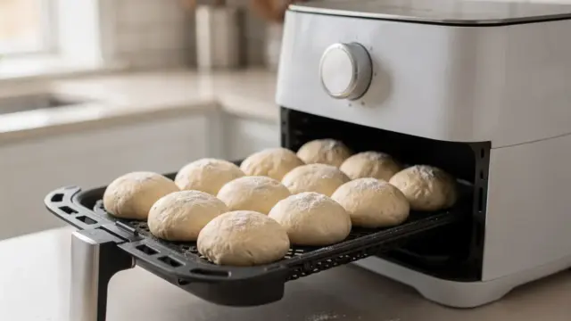 Heißluftfritteuse mit Aufbackbrötchen in der Küche zum Thema Temperatur