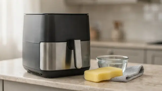 Heißluftfritteuse mit Essig reinigen: Airfryer, Essig, Tuch und Schwamm in einer Küche