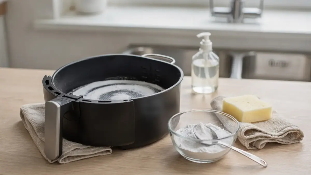 Airfryer mit Backpulver reinigen: Airfryer-Korb, Backpulver und Tuch in einer hellen Küche