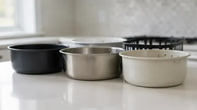 Vergleich verschiedener Heißluftfritteuse-Beschichtungen und Korboberflächen in einer hellen Küche