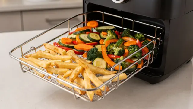 Heißluftfritteuse mit unterschiedlich gefülltem Garkorb zur Garzeit im Vergleich