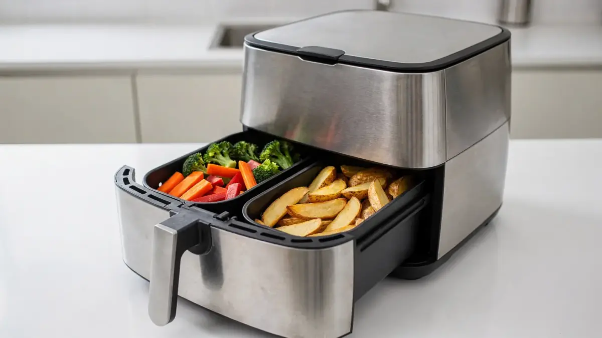 Heißluftfritteuse mit portionsweise vorbereiteten Zutaten in der Küche für Zeit- und Temperatureinstellung