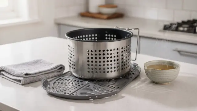 Heißluftfritteuse mit herausnehmbarem Korb und Reinigungstuch in der Küche