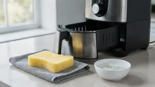 Airfryer reinigen mit Korb, Einsatz, Schwamm und Tuch in einer sauberen Küche