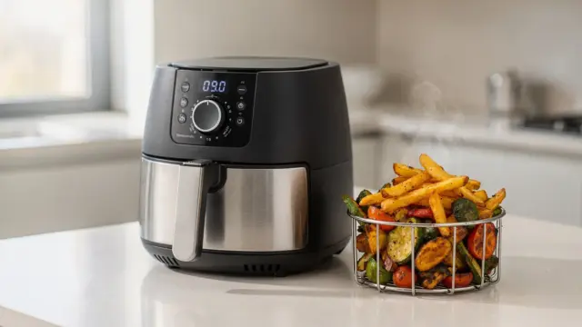 Heißluftfritteuse auf Küchentheke mit fertigen Lebensmitteln zum Heißluftfritteuse Test Sieger