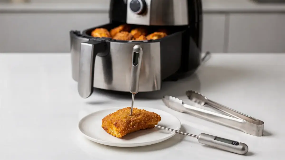 Heißluftfritteuse und Küchenthermometer zum Prüfen des Gargrads