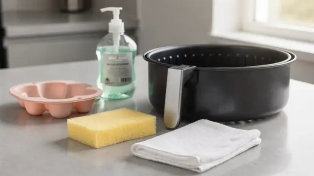 Silikonform im Airfryer mit Reinigungsutensilien für die richtige Pflege