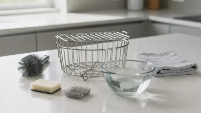 Grillrost einer Heißluftfritteuse mit Reinigungsutensilien zum Entfernen von Fett und Rückständen