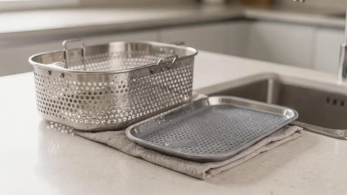 Airfryer-Zubehör beim Reinigen: Korb, Einsatz und Silikonmatte auf der Küchenarbeitsfläche