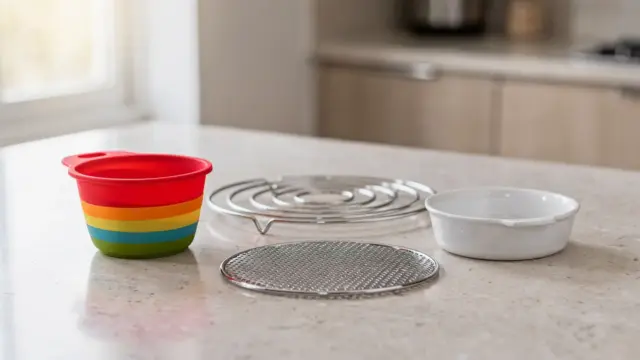 Heißluftfritteusen-Zubehör aus Silikon, Edelstahl und Papier auf einer Küchenarbeitsplatte