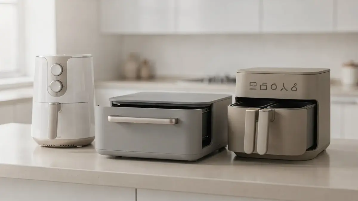 Seltene Airfryer-Bauformen in einer hellen Küche: verschiedene Gerätearten nebeneinander