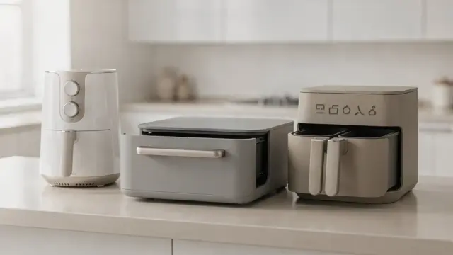 Seltene Airfryer-Bauformen in einer hellen Küche: verschiedene Gerätearten nebeneinander