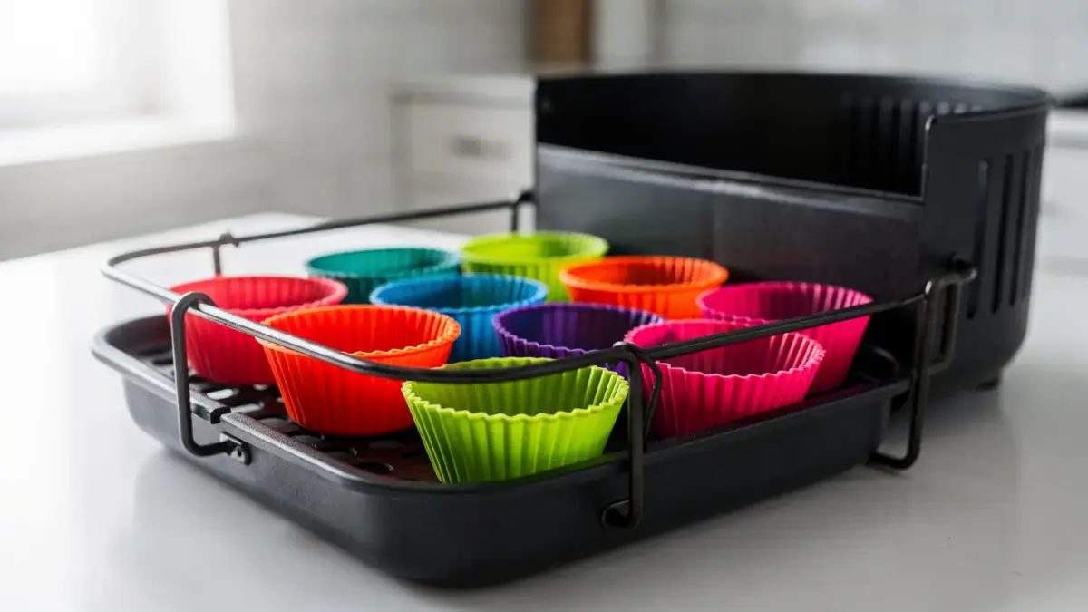 Muffinform für die Heißluftfritteuse mit Silikonförmchen und Airfryer-Korb in der Küche