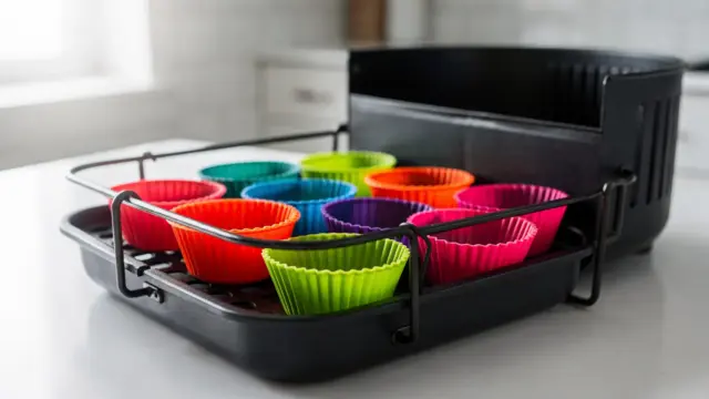 Muffinform für die Heißluftfritteuse mit Silikonförmchen und Airfryer-Korb in der Küche