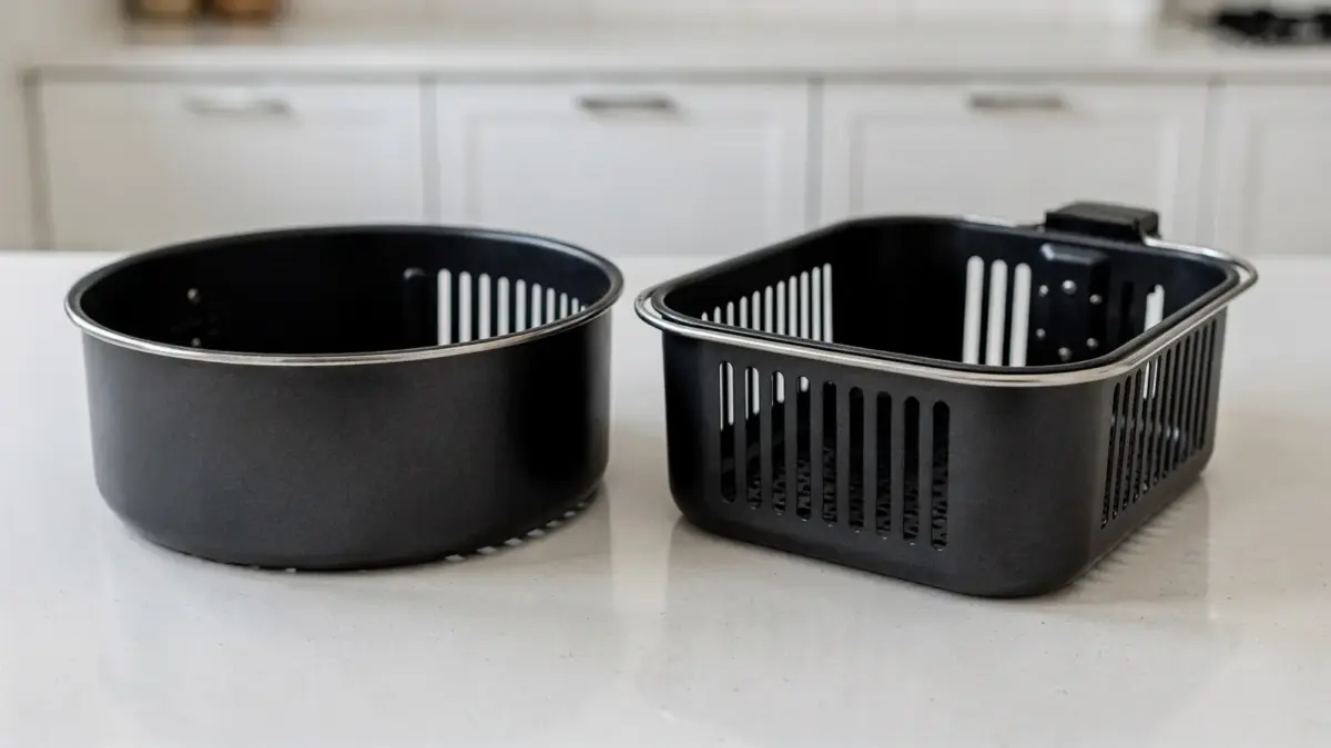 Runde und eckige Airfryer-Körbe im Vergleich auf einer Küchenarbeitsplatte