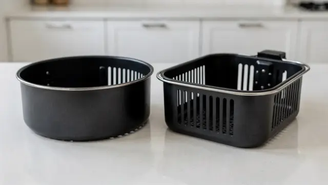 Runde und eckige Airfryer-Körbe im Vergleich auf einer Küchenarbeitsplatte
