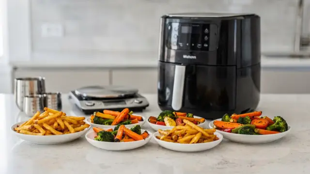 Airfryer in der Küche mit Portionen für 5 Personen zur Größenfrage bei der Heißluftfritteuse