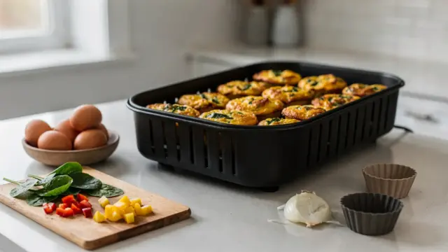 Eiermuffins in der Heißluftfritteuse mit Zutaten wie Eiern, Gemüse und Muffinförmchen