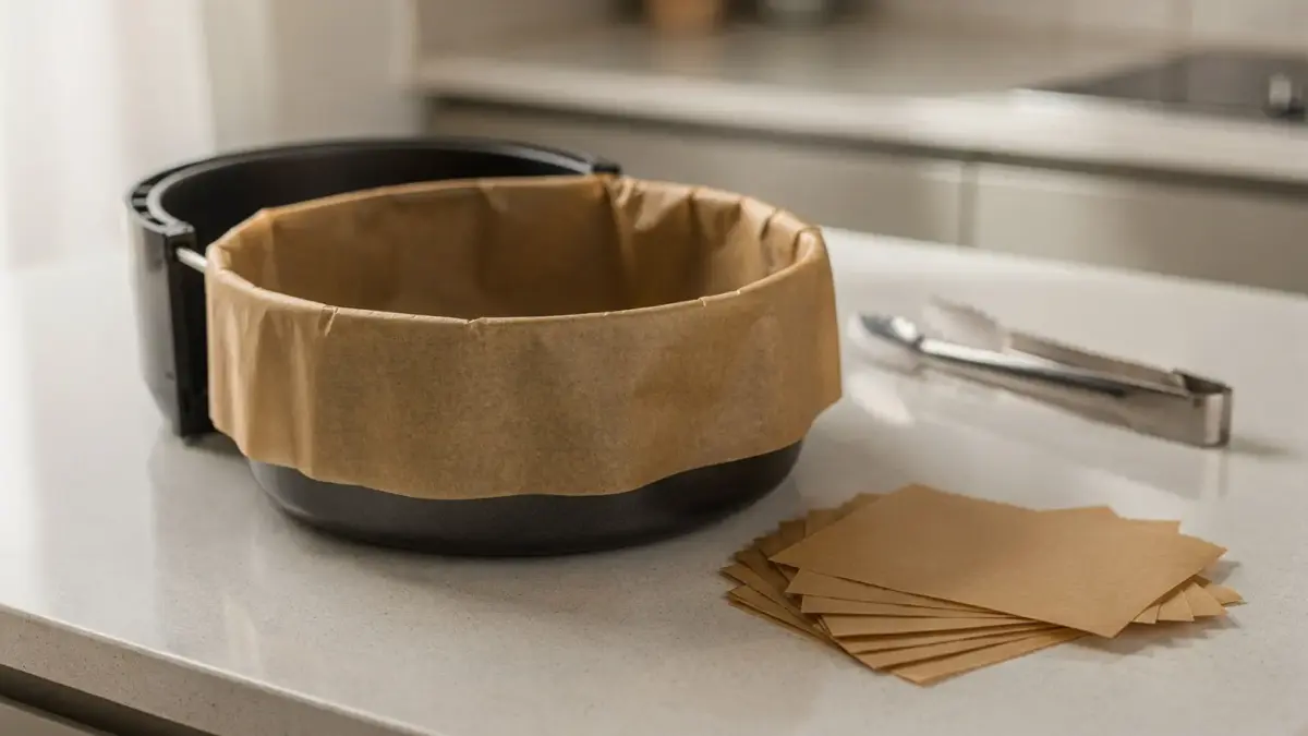 Backpapier in der Heißluftfritteuse: Frittierkorb mit zugeschnittenem Backpapier in der Küche