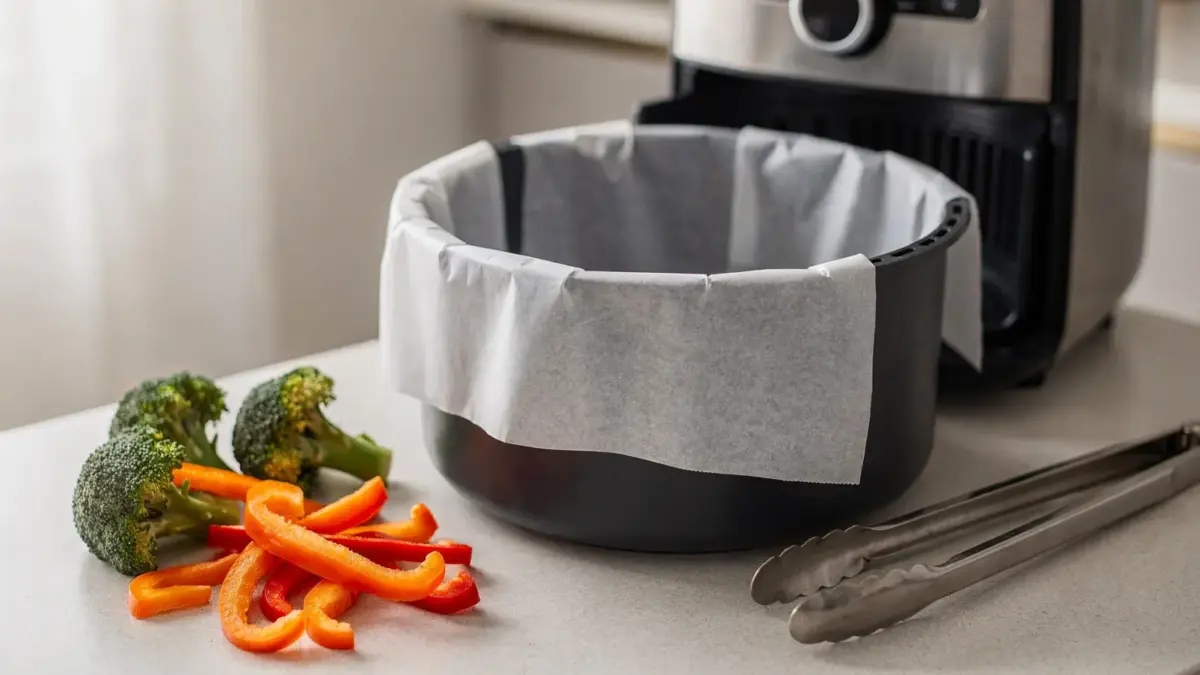 Backpapier im Airfryer in einer modernen Küche mit Airfryer-Korb und Küchenzange