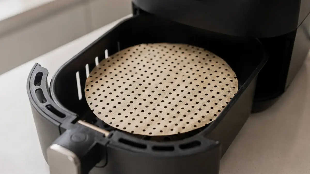Perforiertes Backpapier im Airfryer in einem sauberen Küchenumfeld