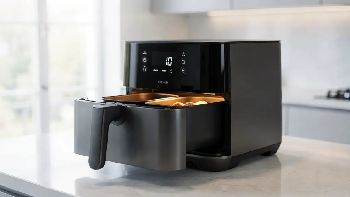 Dual-Zone-Airfryer in einer Küche mit zwei Garzonen und digitaler Sync-Funktion
