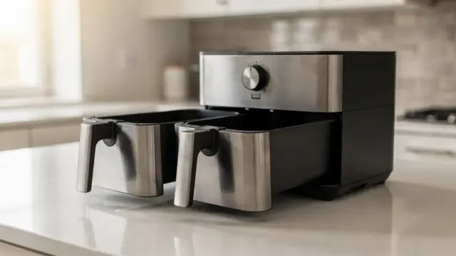 Doppelkörbe eines Airfryers in einer hellen Küche für den Artikel über Airfryer mit Doppelkörben